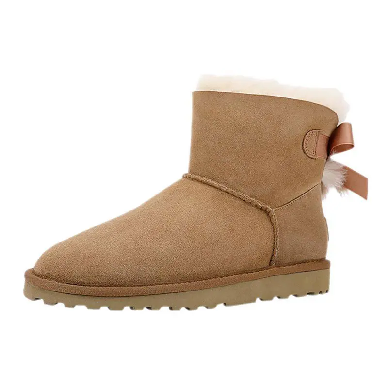 Women’s Maroon Cow Suede Bow Wool Snow Boots