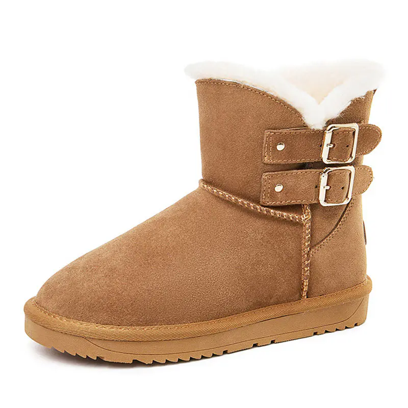 Women’s Maroon Cow Suede Double Buckle Wool Snow Boots