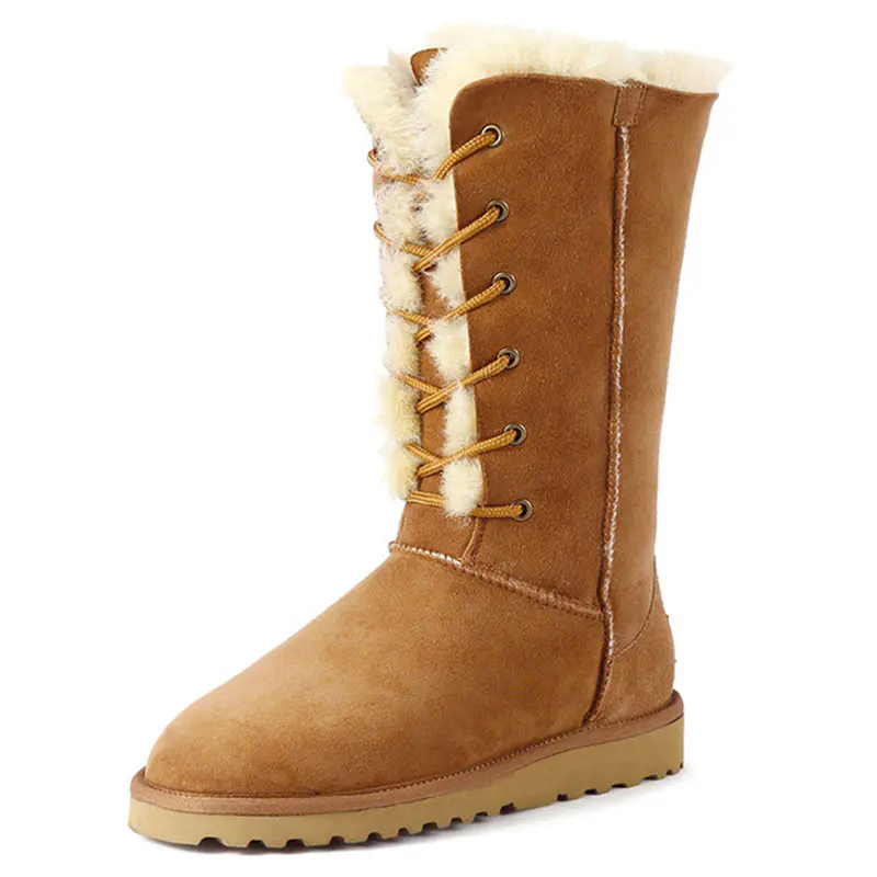 Women’s Maroon Cow Suede Lace Up Wool Snow Boots