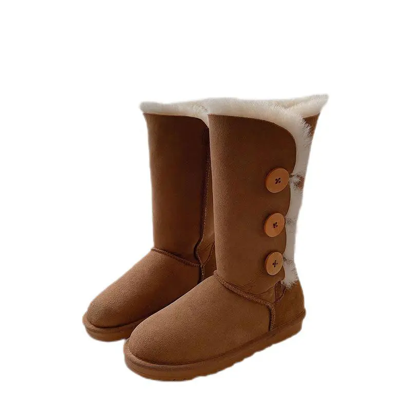 Women’s Maroon Cow Suede Side Wooden Buckle Wool Snow Boots