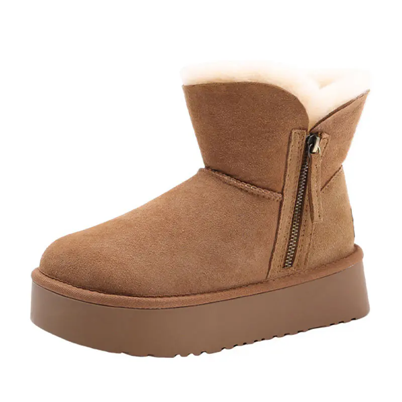 Women’s Maroon Cow Suede Side Zipper Wool Snow Boots Thick Sole