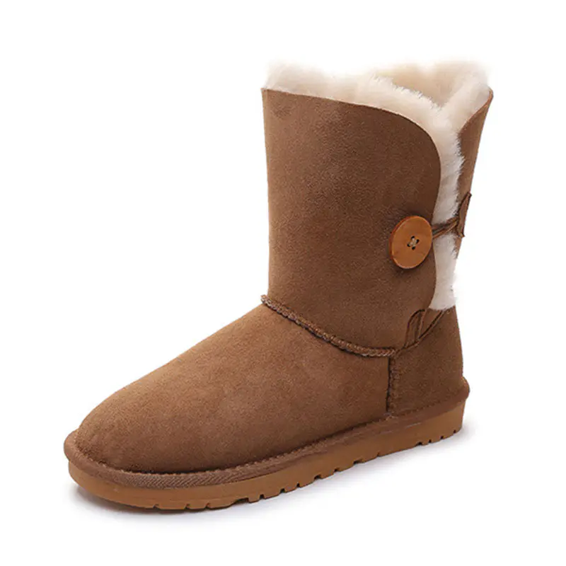 Women’s Maroon Cow Suede Wooden Buckle Wool Snow Boots