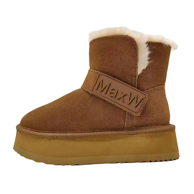 Women’s Maroon Cow Suede Wool Snow Boots With Velcro