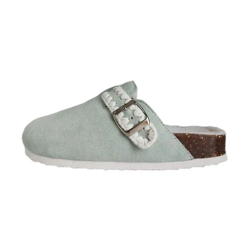Women’s Mint Green Cow Suede Hand Embroidered Shearling Cork Birkenstocks