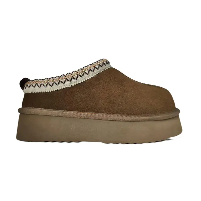 Women’s Olive Green Cow Suede Jacquard Webbing Shearling Thick Sole Slippers