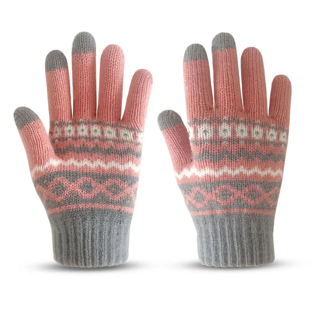 Women’s Pink Grey Geometric Printed Warm Wool Cold Weather Gloves