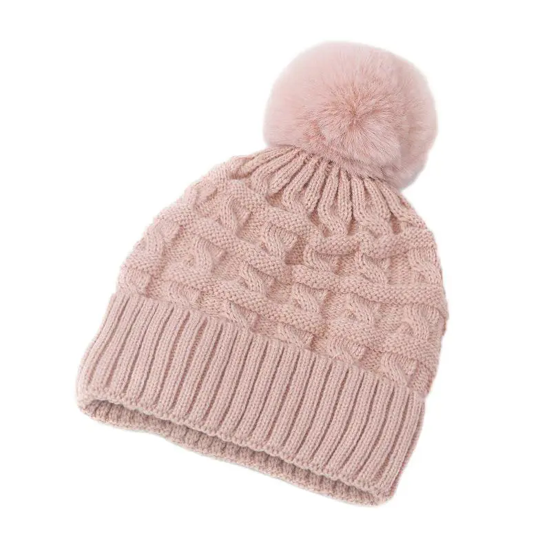 Women’s Pink Jacquard Rolled Cashmere Beanies with Hairball