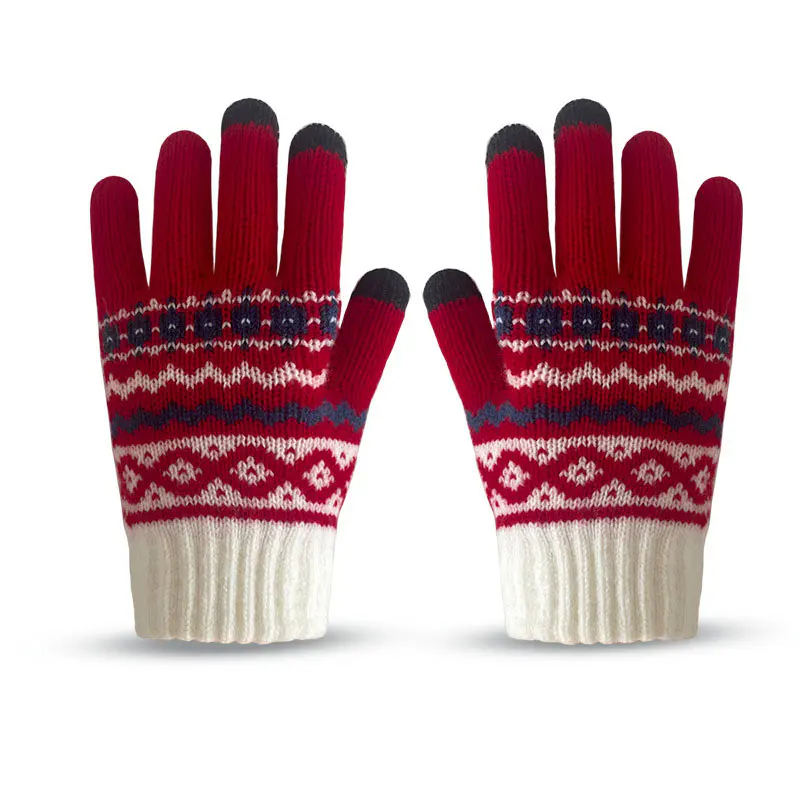 Women’s Red White Geometric Printed Warm Wool Cold Weather Gloves