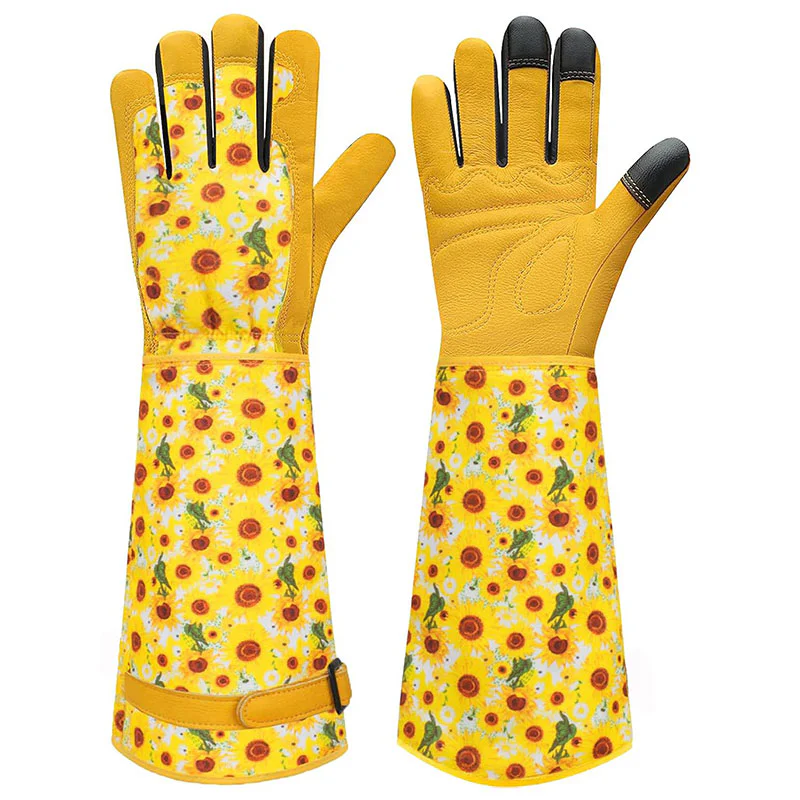 Women’s Sunflower Print Microfiber Touchscreen Leather Long Garden Gloves