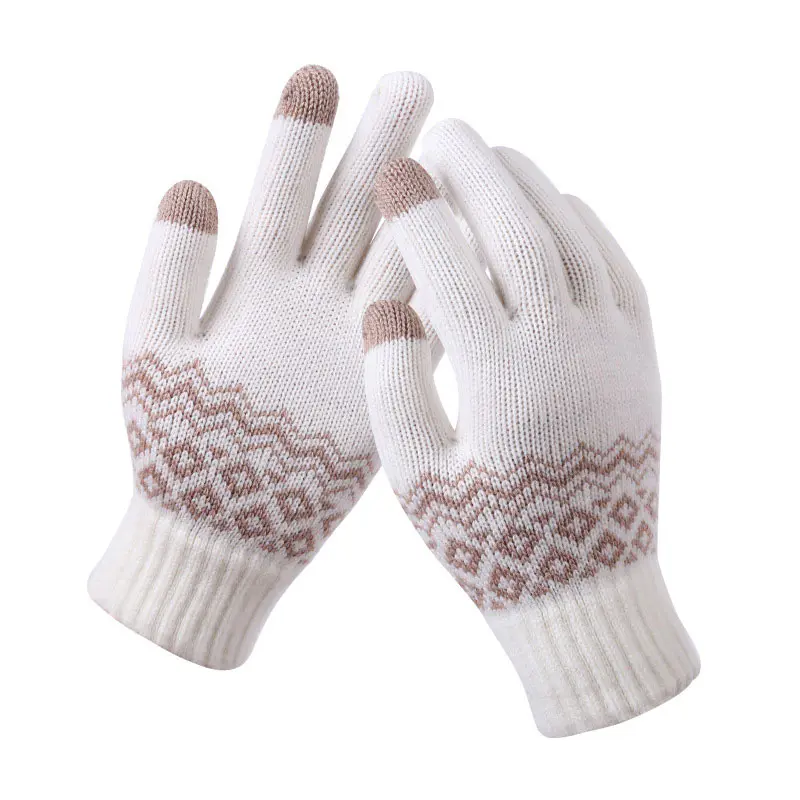 Women’s White Geometric Printed Warm Wool Cold Weather Gloves