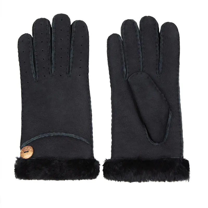 Women’s Winter Black Merino Sheepskin Gloves with Wooden Button
