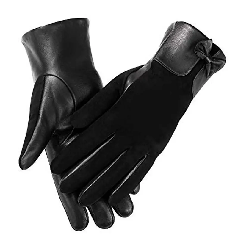 Women’s Winter Black Touchscreen Leather Gloves with Bow