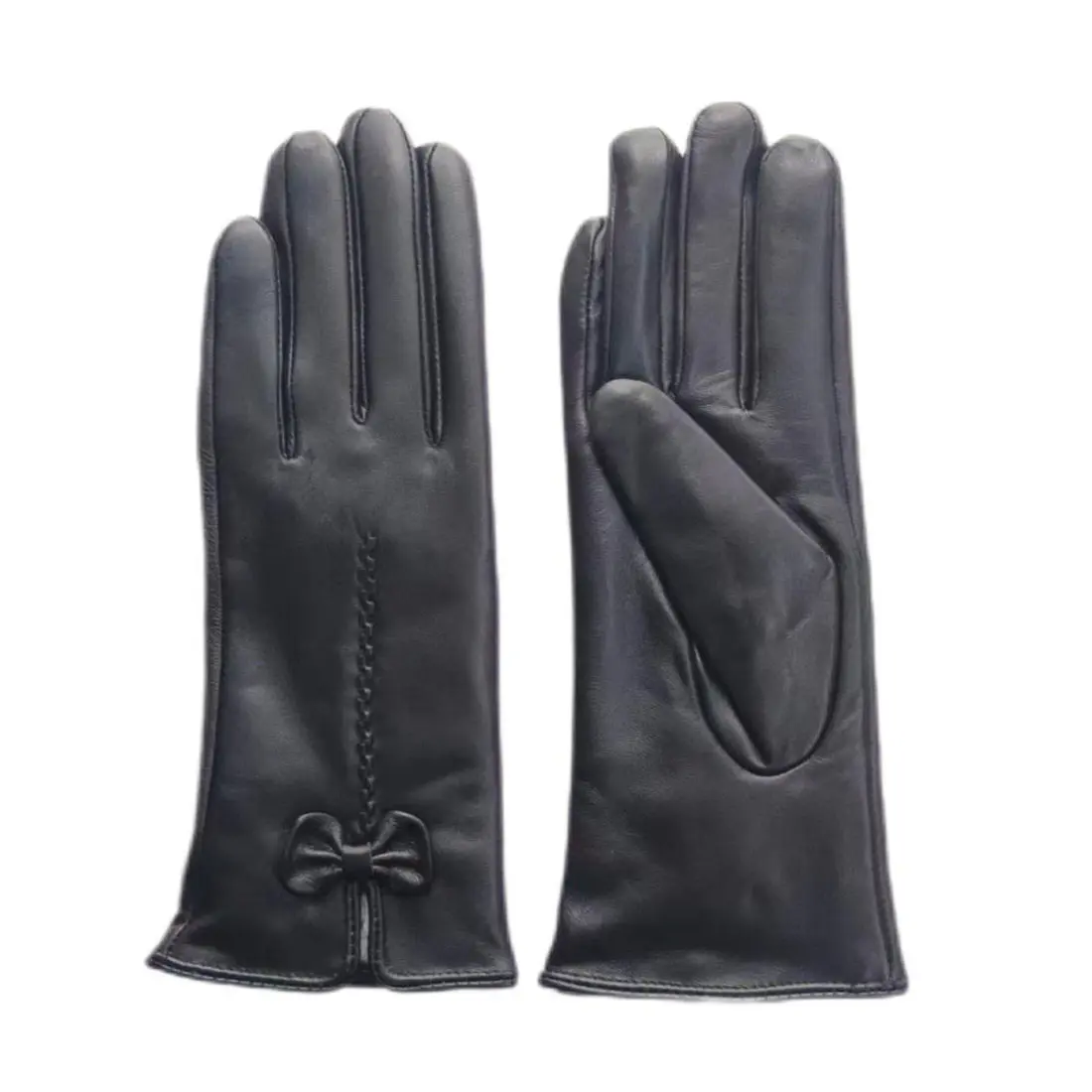 Women’s Winter Black Touchscreen Leather Gloves with Bow