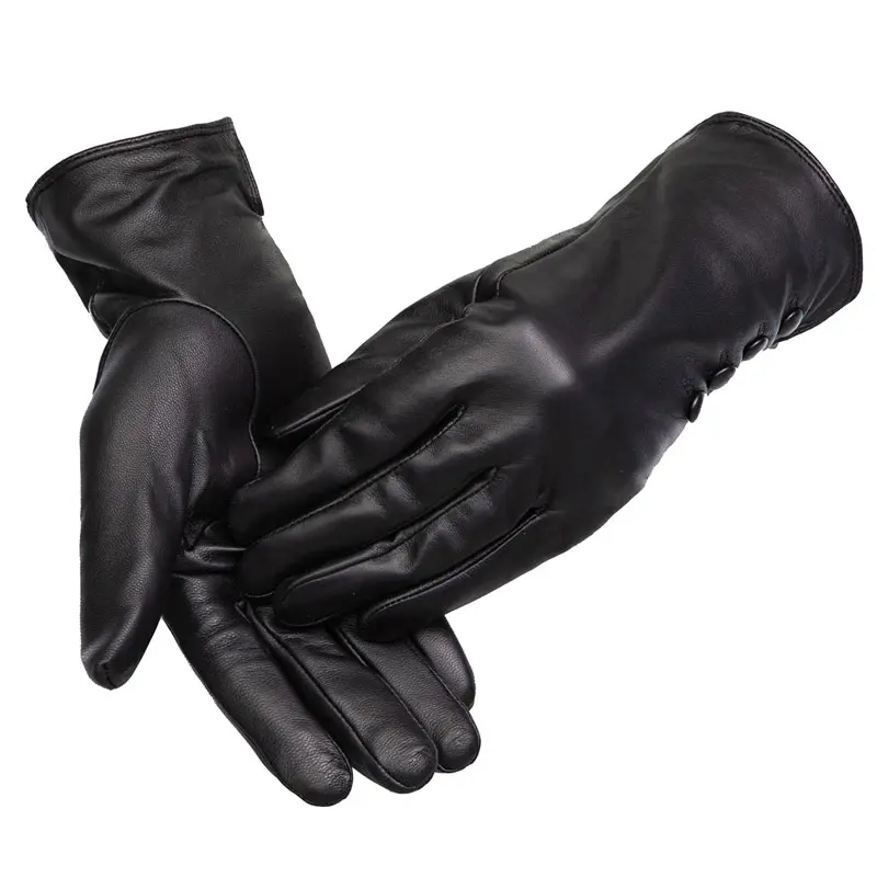 Women’s Winter Black Touchscreen Leather Gloves with Button
