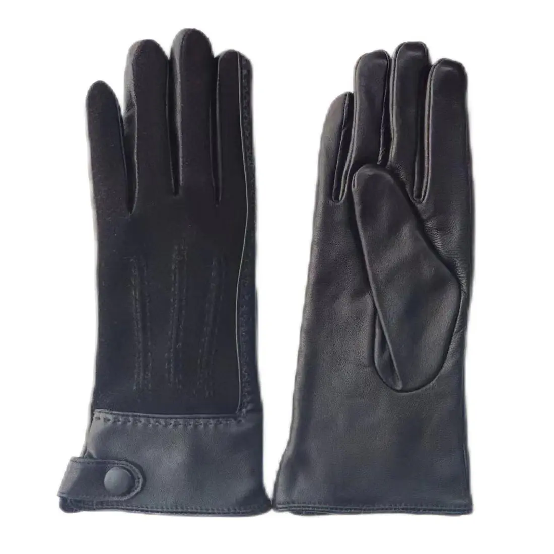 Women’s Winter Black Touchscreen Leather Gloves with Button