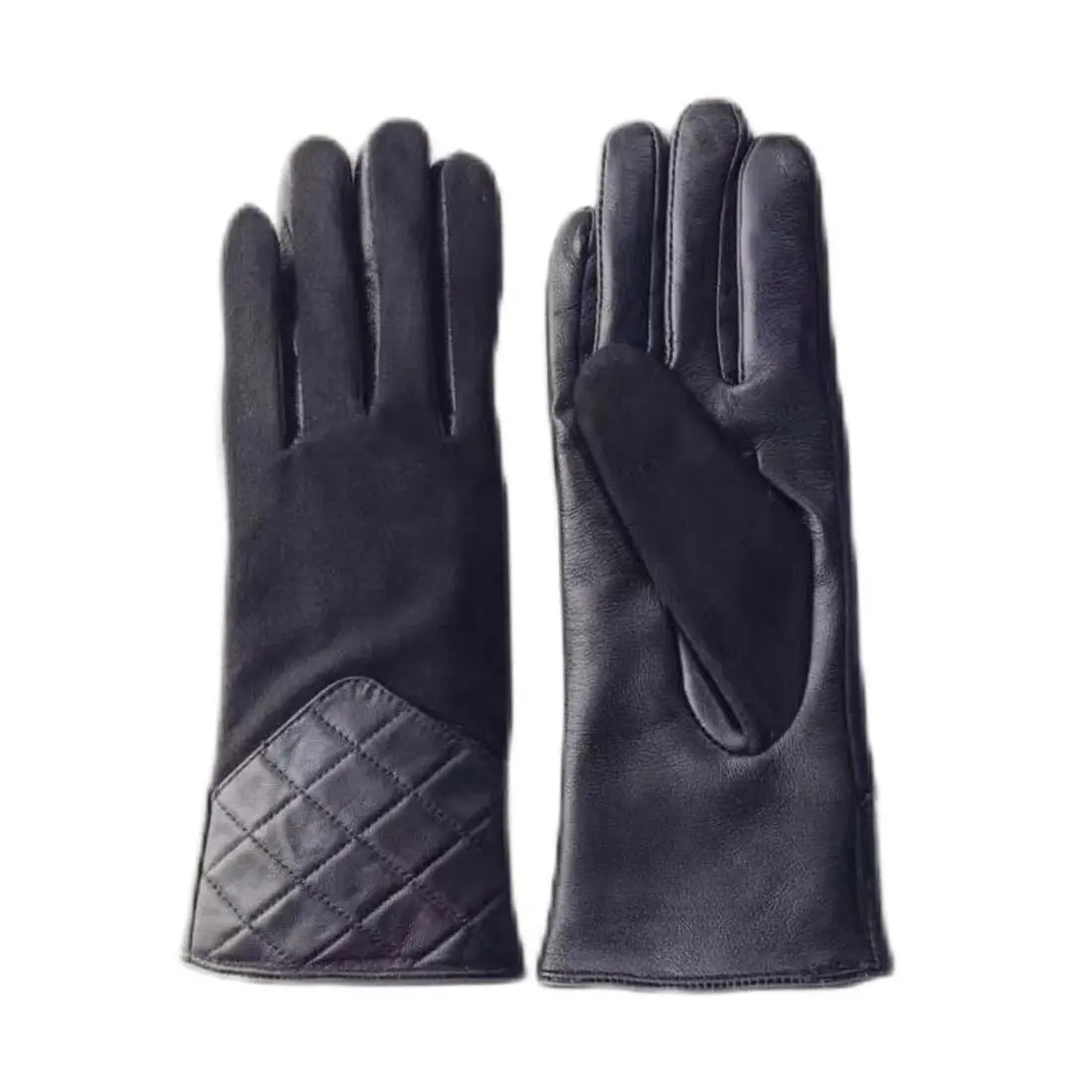Women’s Winter Black Touchscreen Leather Gloves with Tartan