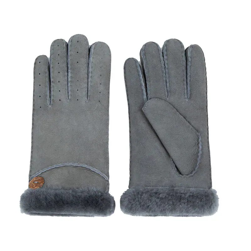 Women’s Winter Grey Merino Sheepskin Gloves with Wooden Button
