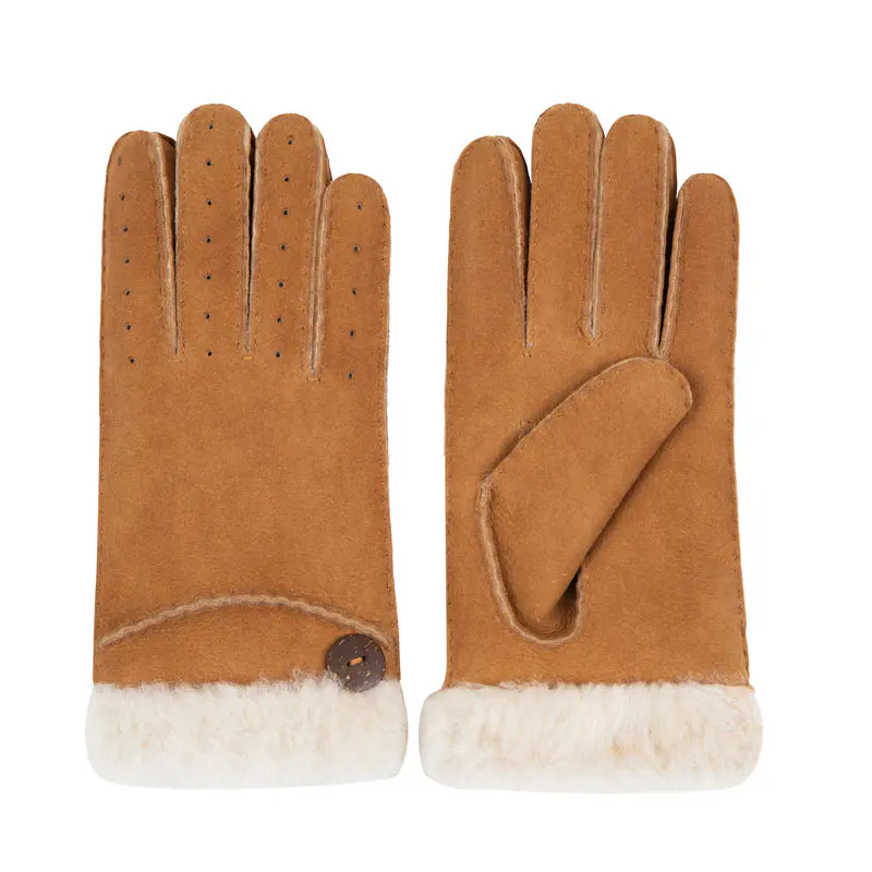 Women’s Winter Maroon Merino Sheepskin Gloves with Wooden Button
