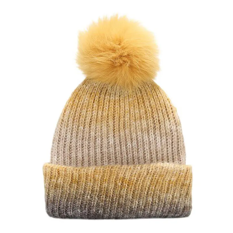 Women’s Yellow Jacquard Rolled Cashmere Beanies with Hairball